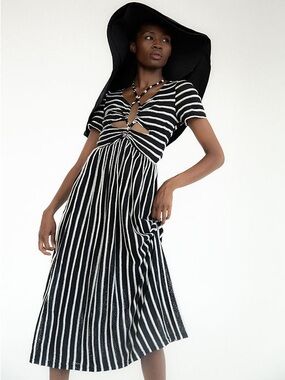 TACH simona Black & White Striped Midi Dress with Front Cutouts